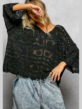 NWT POL Open Knit V-Neck Oversized Sweater Top – Black (M/L)